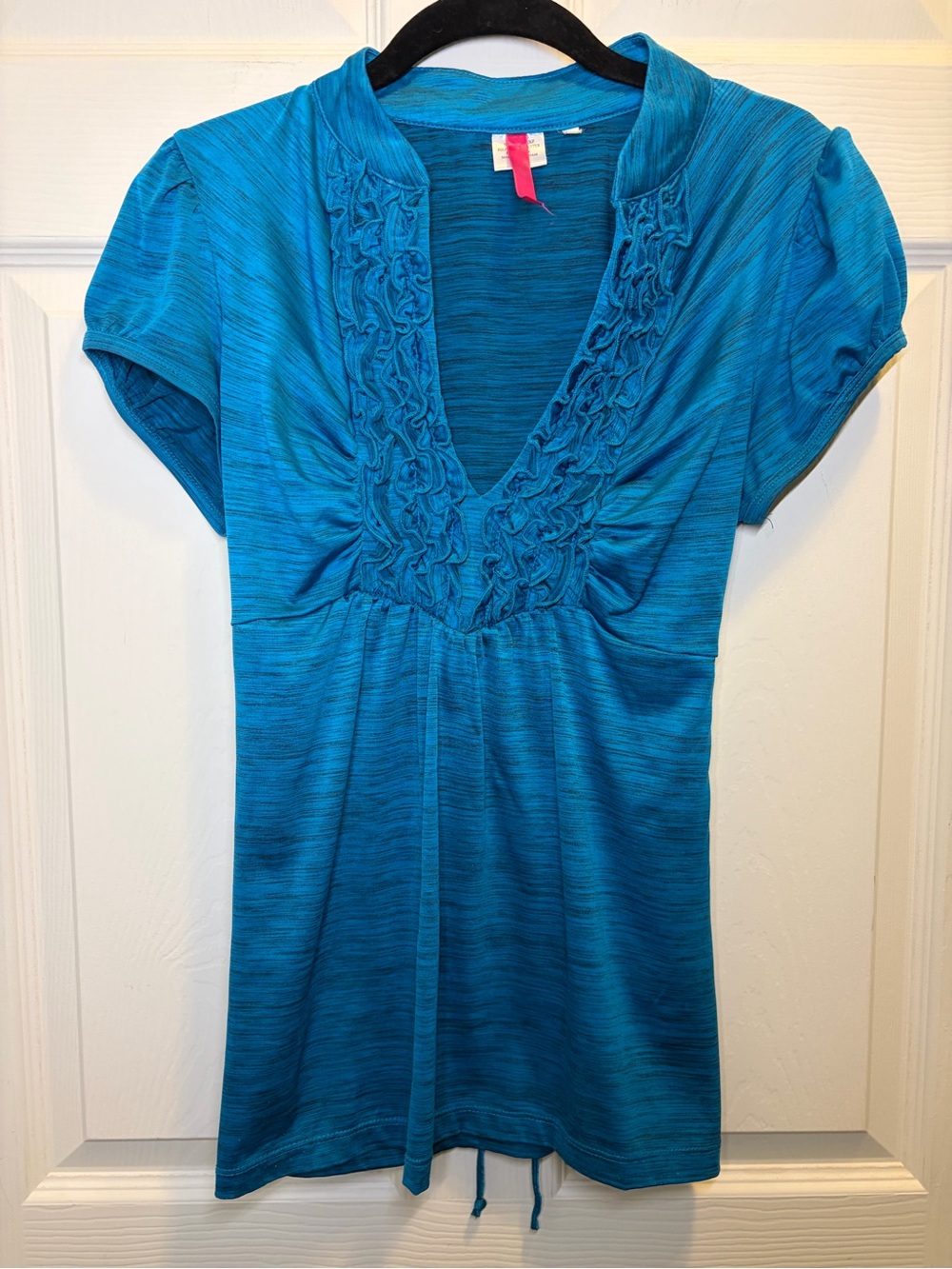 Vintage Y2K Teal Blue V-Neck Ruffle Short Sleeve Top with tie-back